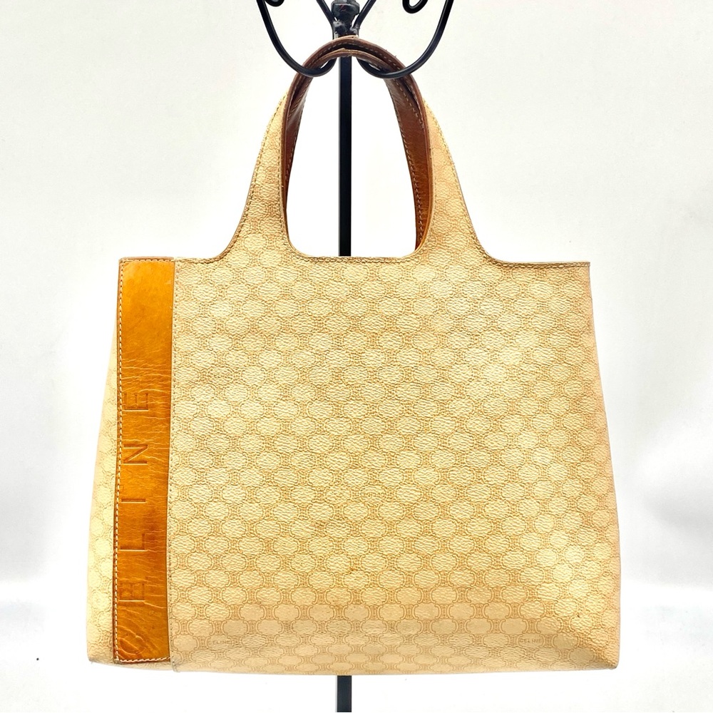 Celine Macadam Beige Tan Leather Logo Monogram Canvas Hand Tote Bag Zip Medium